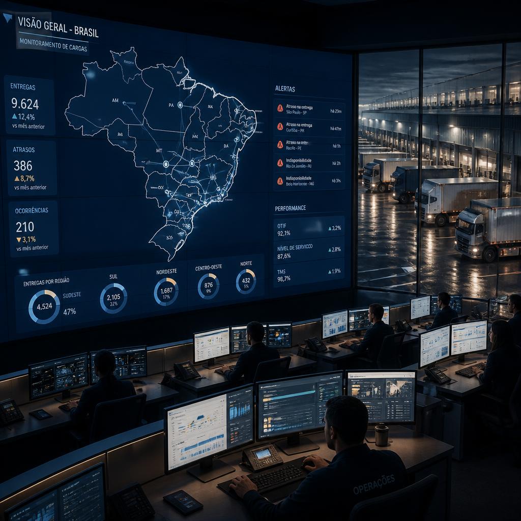 Equipe da MyTracking acompanhando pedidos e entregas em painéis de monitoramento
